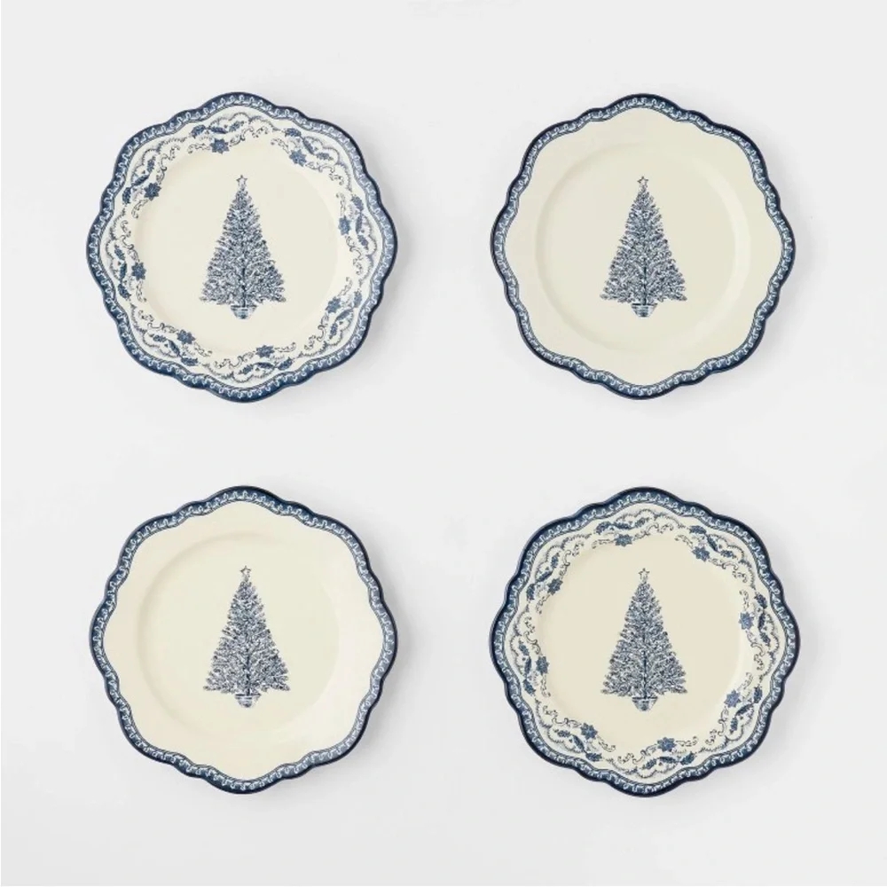 4pk 8” Stoneware Salad Appetizer Christmas Plates Blue - Threshold Studio McGee